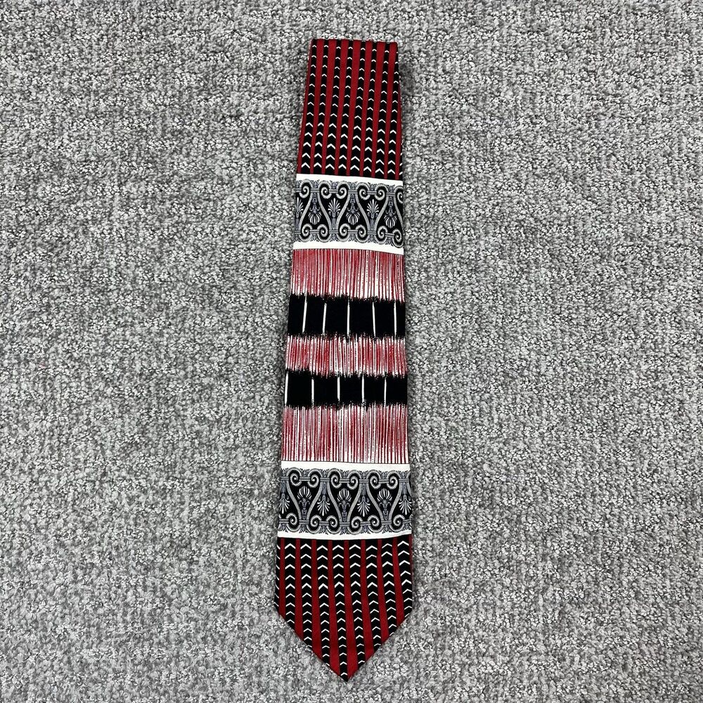 Feldini Tie Mens One Size Red Black Silk Striped Geometric Necktie Vintage